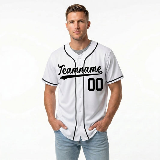 Custom Baseball Jersey - Personalized White Shirt with Black Piping - Full Sublimation