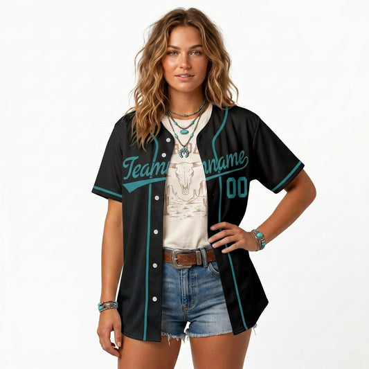 Custom Baseball Jersey - Personalized Black Shirt with Teal Piping - Full Sublimation