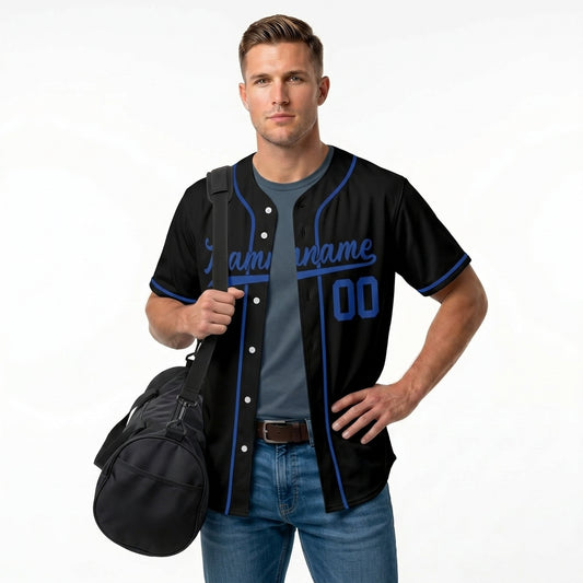 Custom Baseball Jersey - Personalized Black Shirt with Blue Piping - Full Sublimation