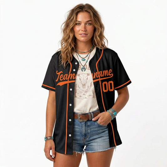 Custom Baseball Jersey - Personalized Black Shirt with Orange Piping - Full Sublimation