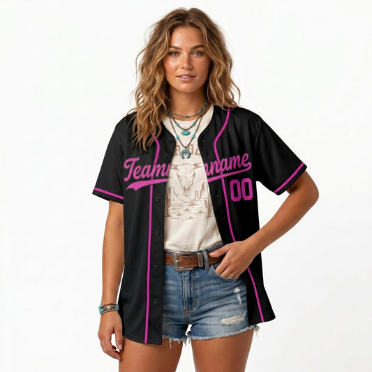 Custom Baseball Jersey - Personalized Black Shirt with Pink Piping - Full Sublimation