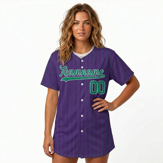Custom Baseball Jersey - Personalized Purple Shirt with Pinstripes & Green Graphics
