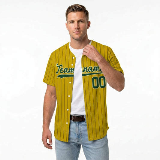 Custom Baseball Jersey - Personalized Gold Shirt with Pinstripes & Green Graphics