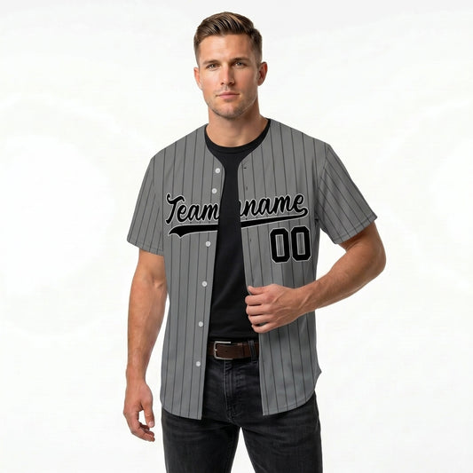 Custom Baseball Jersey - Personalized Grey Shirt with Dark Pinstripes - Full Sublimation