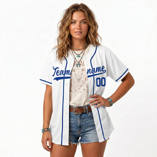 Custom Baseball Jersey - Personalized White Shirt with Royal Blue Details - Full Sublimation