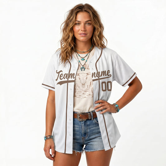 Custom Baseball Jersey - Personalized White Shirt with Brown Lettering - Full Sublimation