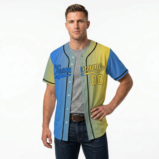 Custom Baseball Jersey - Personalized Gradient Shirt with Blue & Yellow Split Design