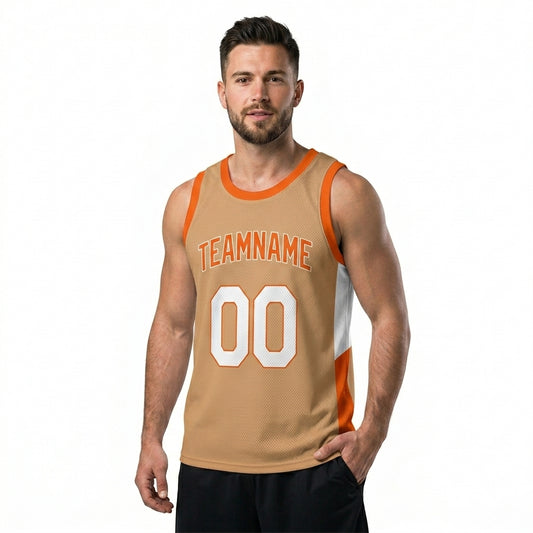 Custom Basketball Jersey - Personalized Tan Tank Top with Orange Trim - Full Sublimation