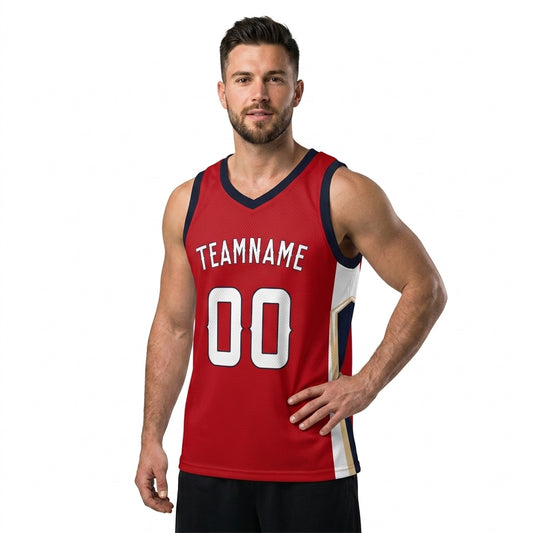Custom Basketball Jersey - Personalized Red Tank Top with Navy & Gold Trim - Full Sublimation