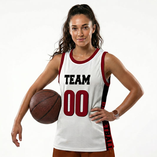 Custom Basketball Jersey - Personalized White Tank Top with Maroon Trim - Full Sublimation