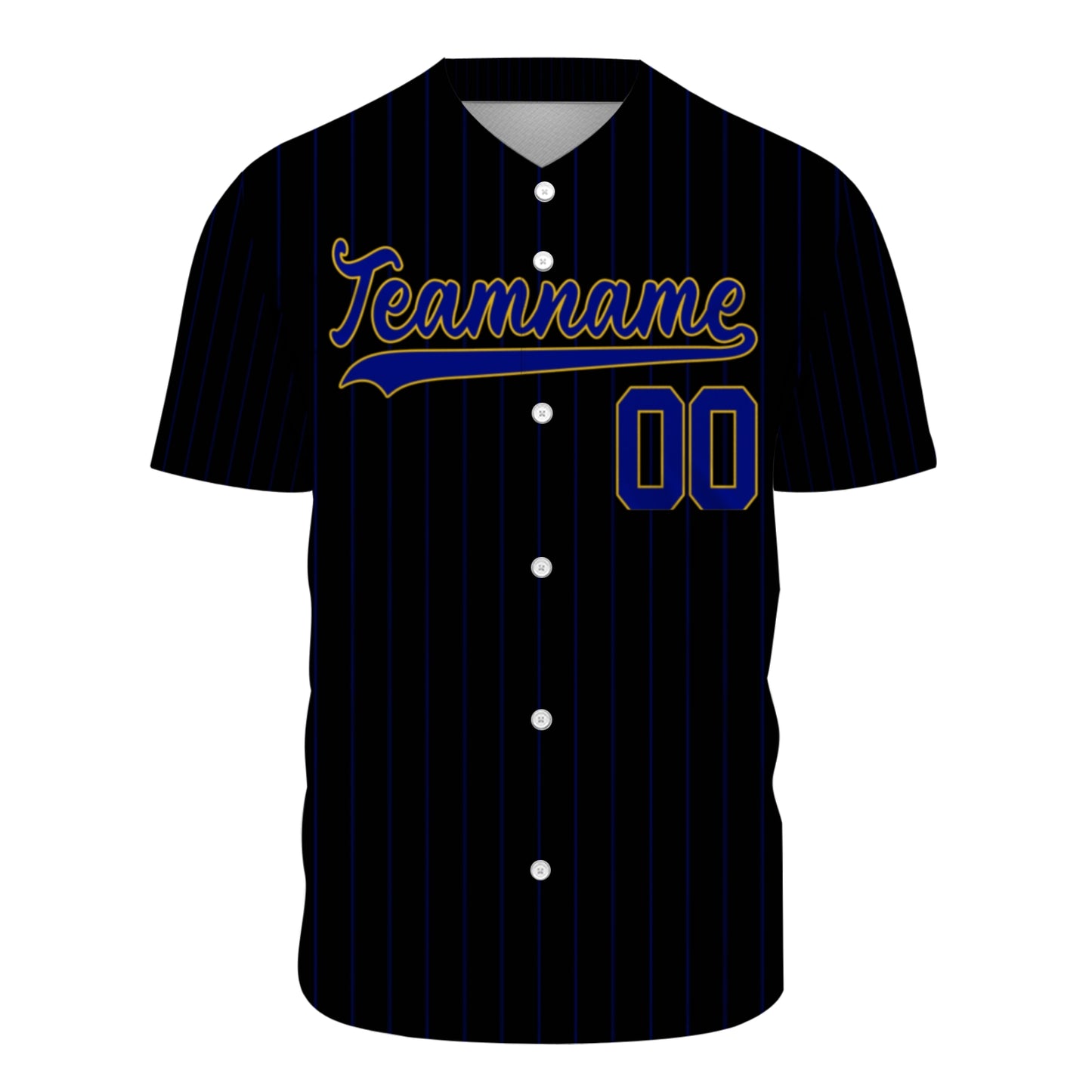 Custom Baseball Jersey - Personalized Black Shirt with Blue Pinstripes & Gold Details - Full Sublimation