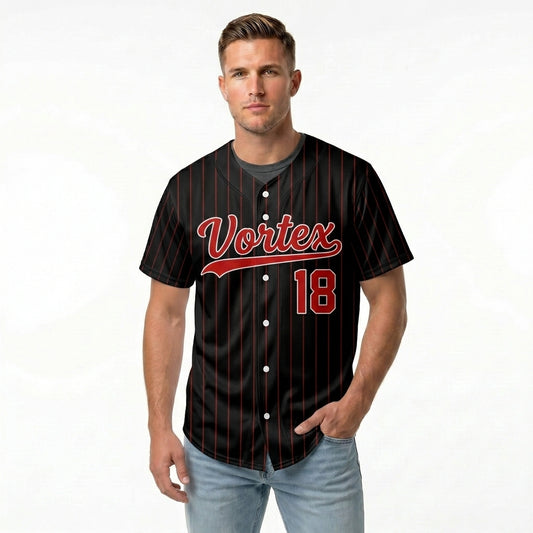 Custom Baseball Jersey - Personalized Black Shirt with Red Pinstripes - Full Sublimation