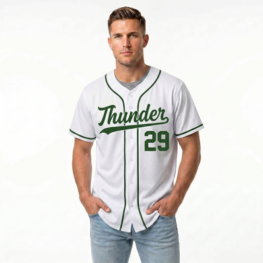 Custom Baseball Jersey - Personalized White Shirt with Green Trim - Full Sublimation