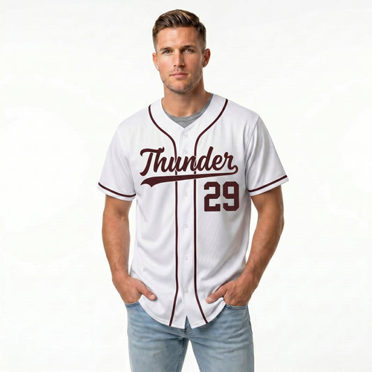 Custom Baseball Jersey - Personalized White Shirt with Maroon Accents - Full Sublimation