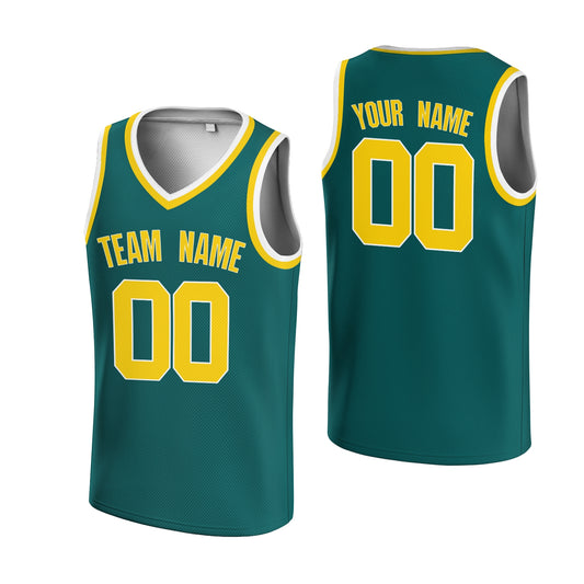 Custom  Blackish Green Yellow-White V-Neck Rib-Knit Basketball Jersey