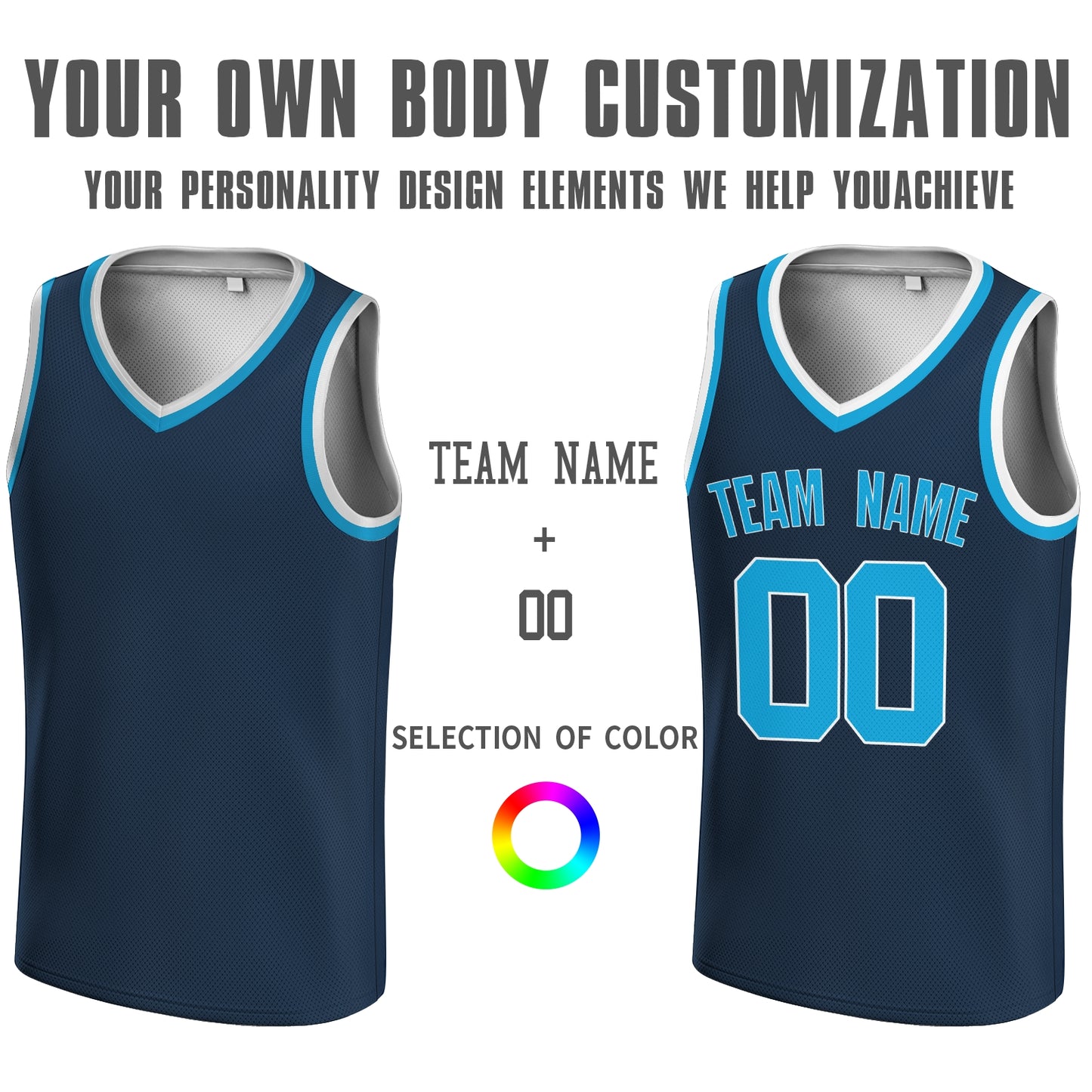 Custom Dark Blue Blue-White V-Neck Basketball Jersey