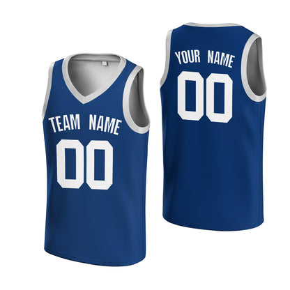 Custom Dark Blue Blue-White V-Neck Basketball Jersey