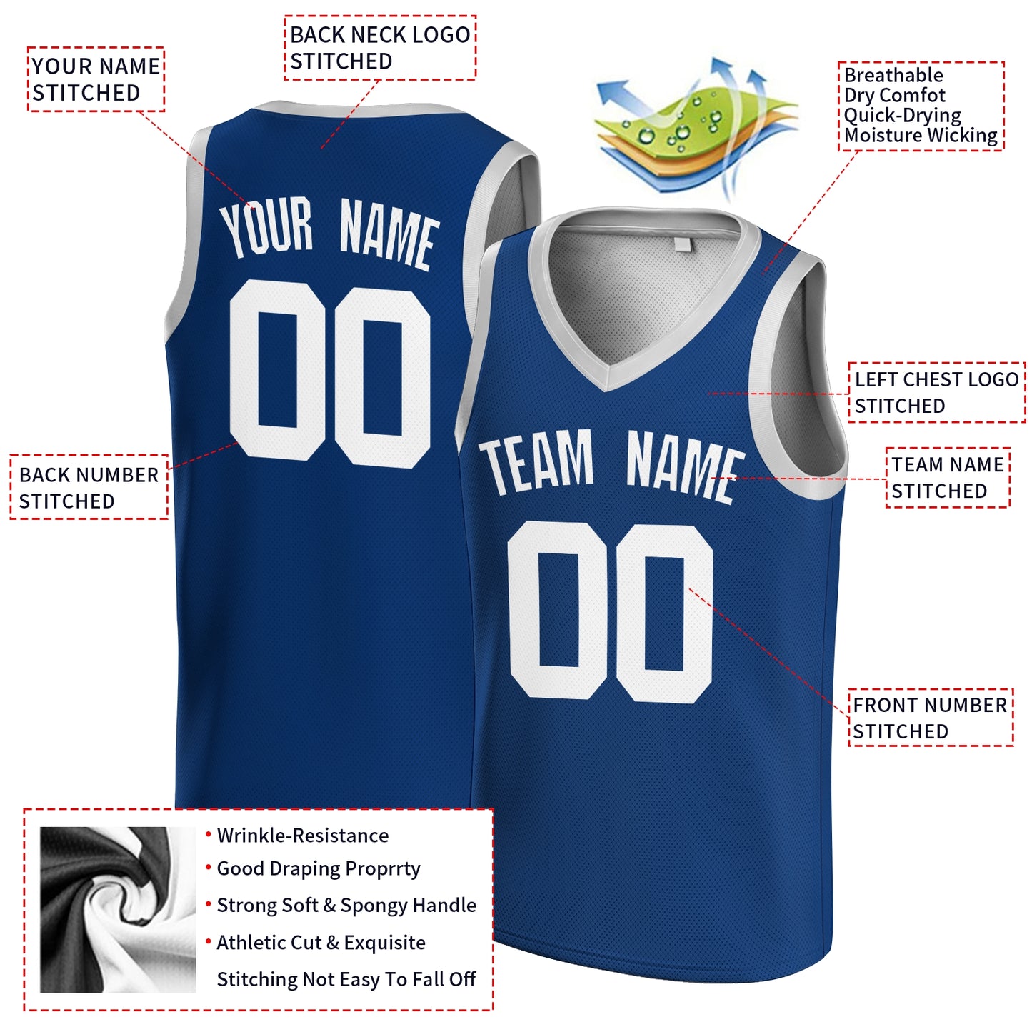 Custom Dark Blue Blue-White V-Neck Basketball Jersey