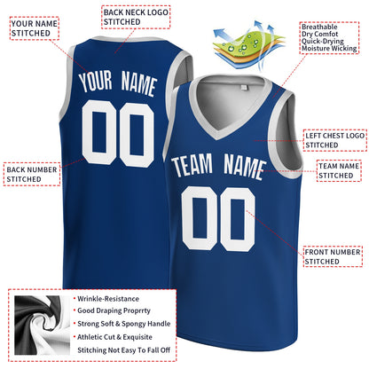 Custom Dark Blue Blue-White V-Neck Basketball Jersey