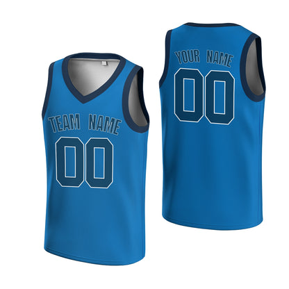 Custom Dark Blue Blue-White V-Neck Basketball Jersey
