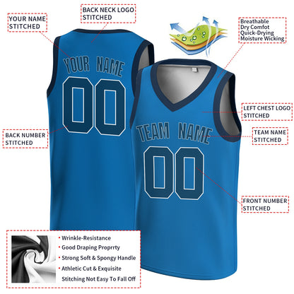 Custom Dark Blue Blue-White V-Neck Basketball Jersey