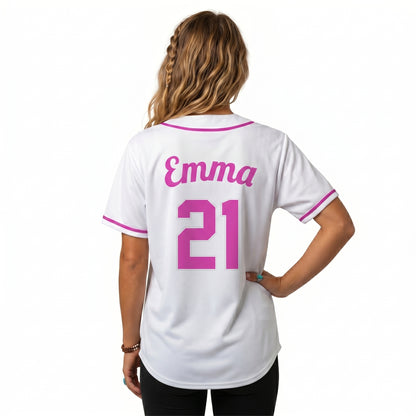 Custom Baseball Jersey - Personalized White Shirt with Pink Lettering - Full Sublimation