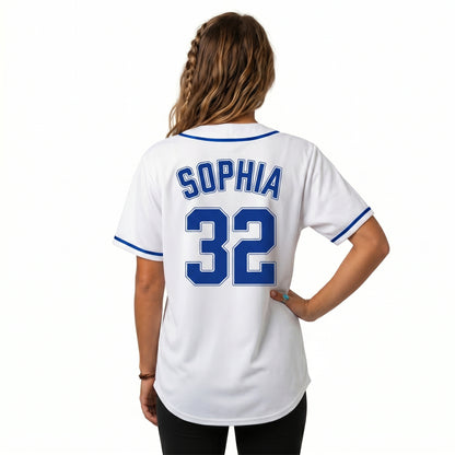 Custom Baseball Jersey - Personalized White Shirt with Royal Blue Details - Full Sublimation for Men Women- Personalized Team Sportswear printed or Stitched Name Number (Size S-8XL)
