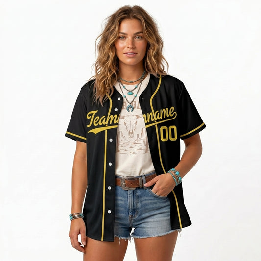Custom Baseball Jersey - Personalized Black Shirt with Gold Lettering - Full Sublimation