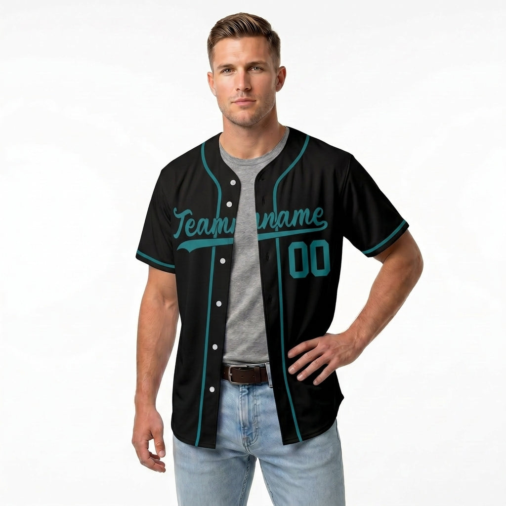 Custom Baseball Jersey - Personalized Black Shirt with Teal Piping - Full Sublimation for Men Women- Personalized Team Sportswear printed or Stitched Name Number (Size S-8XL)