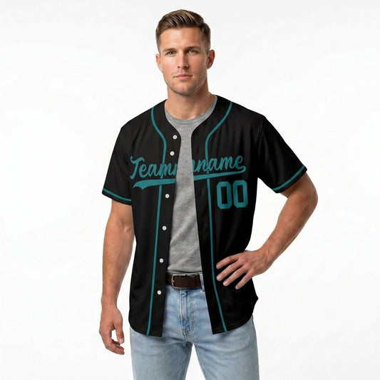 Custom Baseball Jersey - Personalized Black Shirt with Teal Piping - Full Sublimation