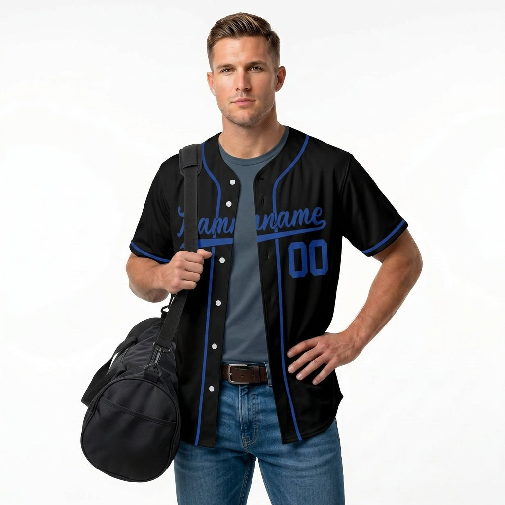 Custom Baseball Jersey - Personalized Black Shirt with Blue Piping - Full Sublimation for Men Women- Personalized Team Sportswear printed or Stitched Name Number (Size S-8XL)