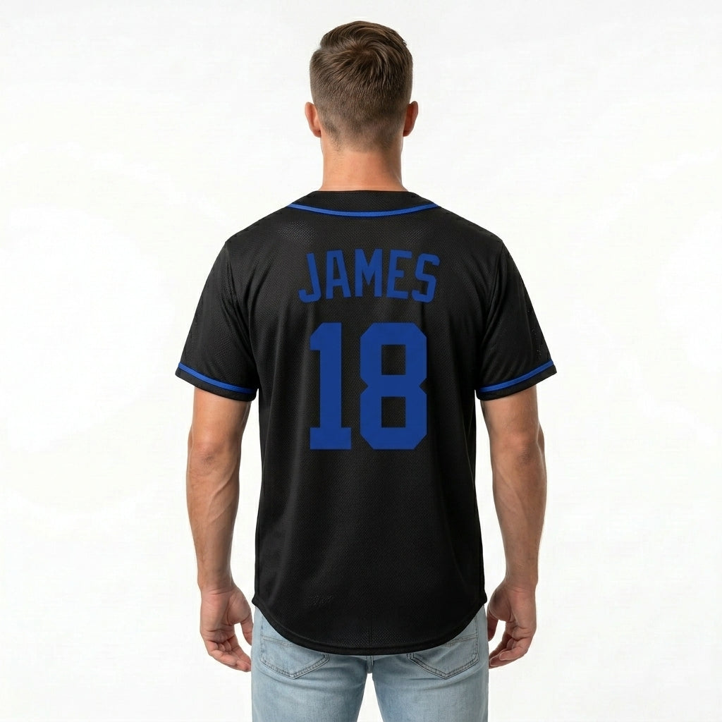 Custom Baseball Jersey - Personalized Black Shirt with Blue Piping - Full Sublimation for Men Women- Personalized Team Sportswear printed or Stitched Name Number (Size S-8XL)