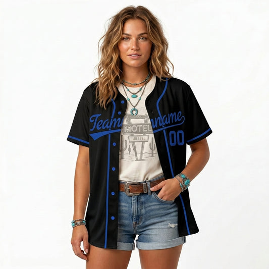 Custom Baseball Jersey - Personalized Black Shirt with Blue Piping - Full Sublimation