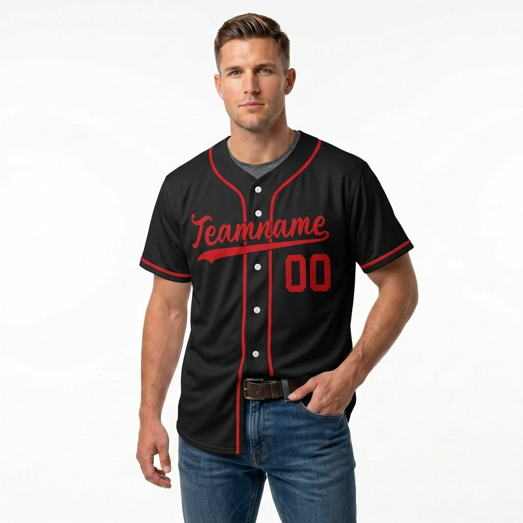Custom Baseball Jersey - Personalized Black Shirt with Red Piping - Full Sublimation