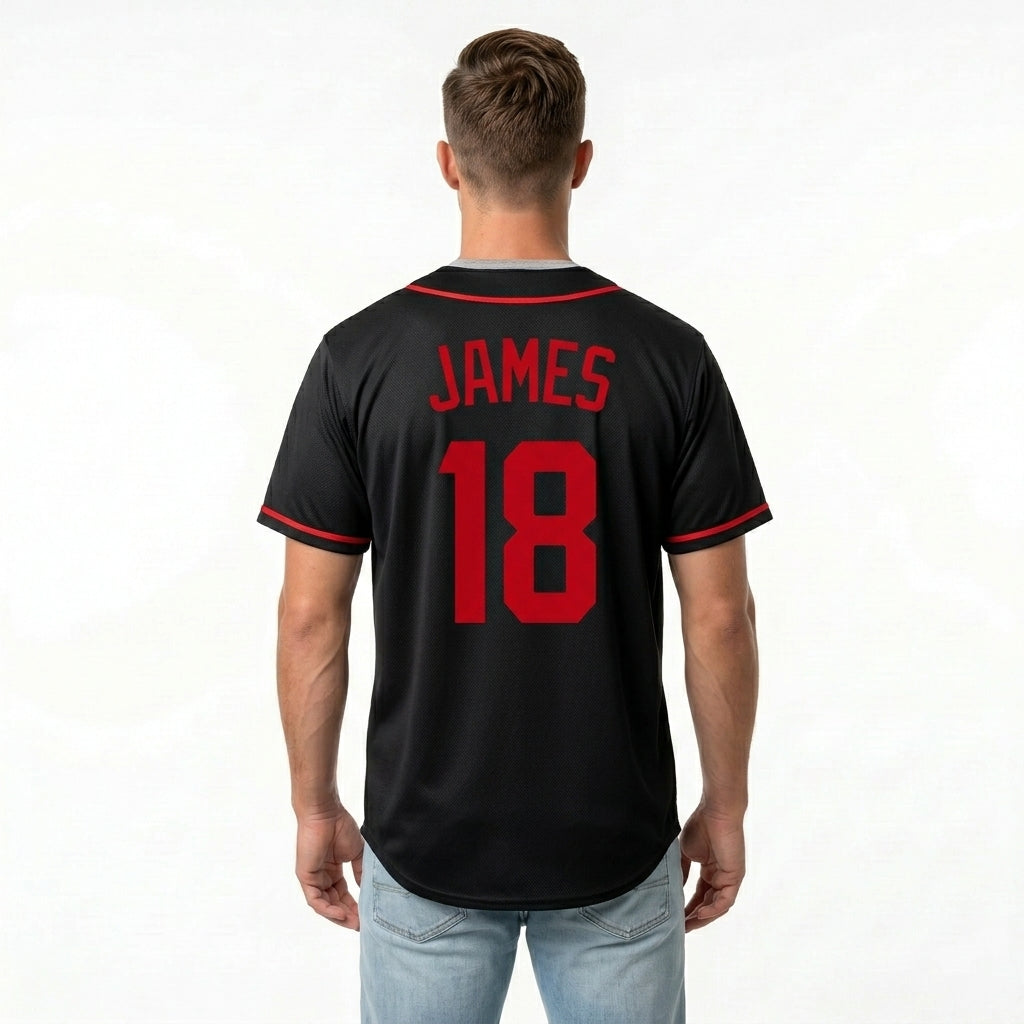 Custom Baseball Jersey - Personalized Black Shirt with Red Piping - Full Sublimation