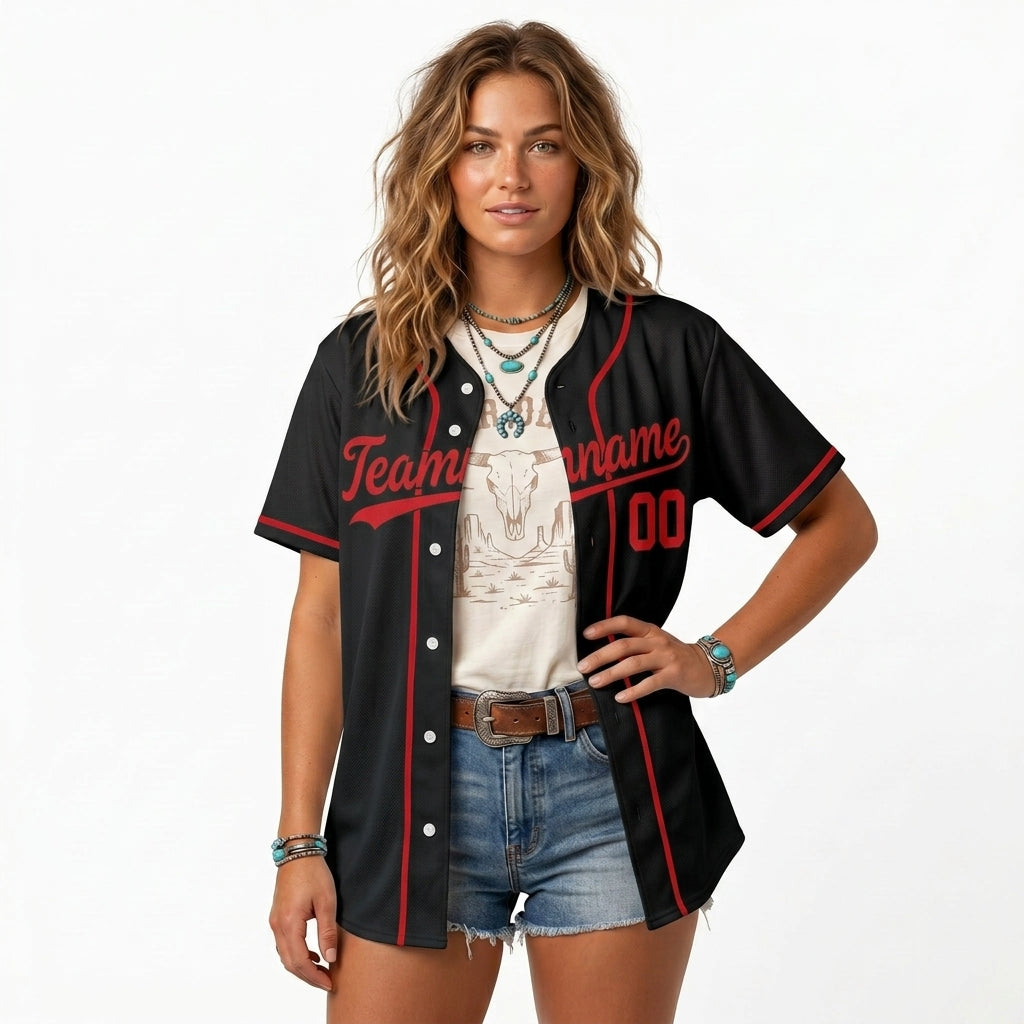 Custom Baseball Jersey - Personalized Black Shirt with Red Piping - Full Sublimation
