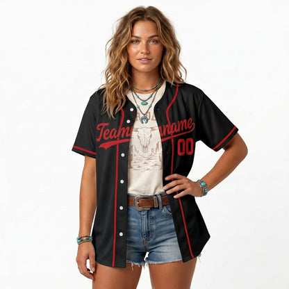 Custom Baseball Jersey - Personalized Black Shirt with Red Piping - Full Sublimation