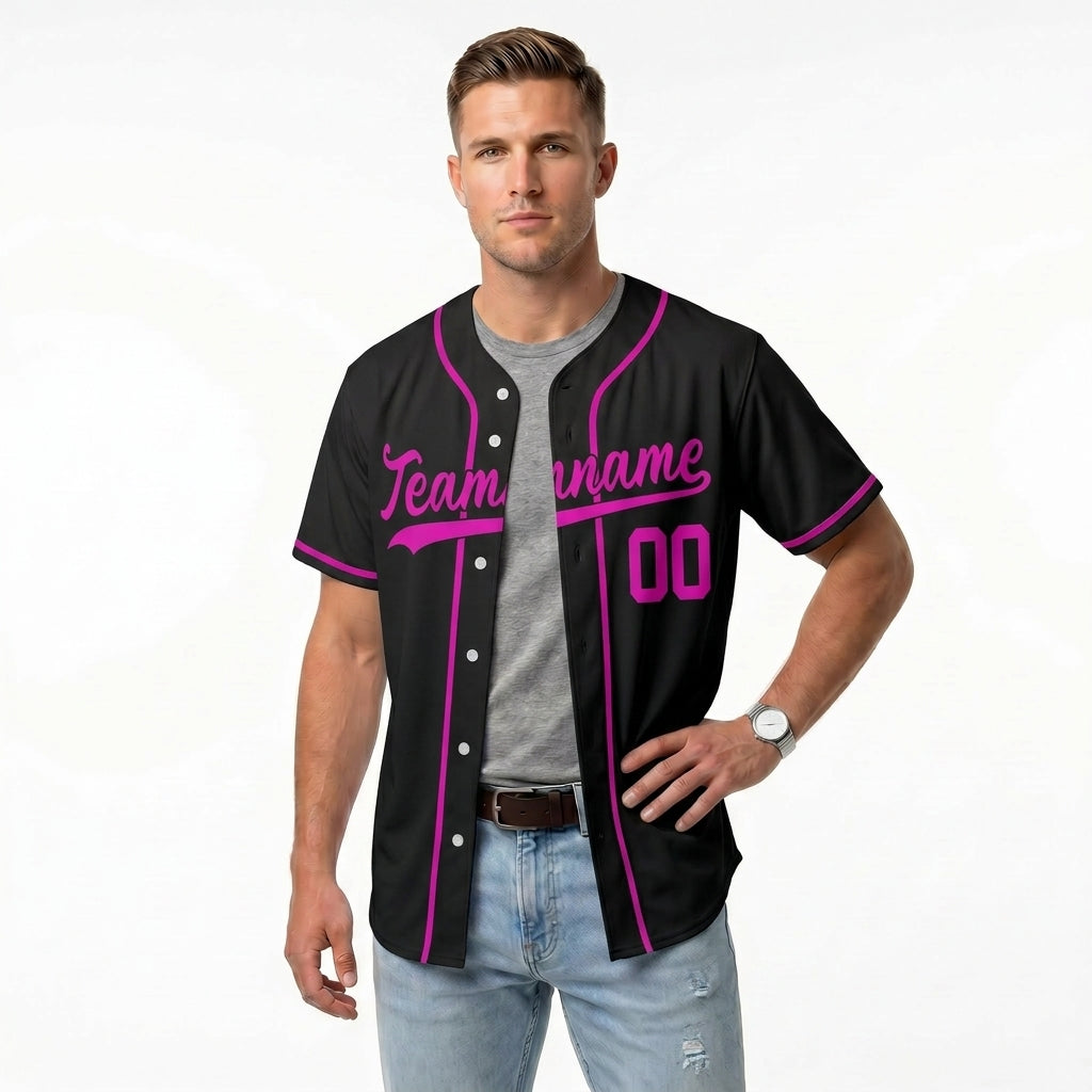 Custom Baseball Jersey - Personalized Black Shirt with Pink Piping - Full Sublimation