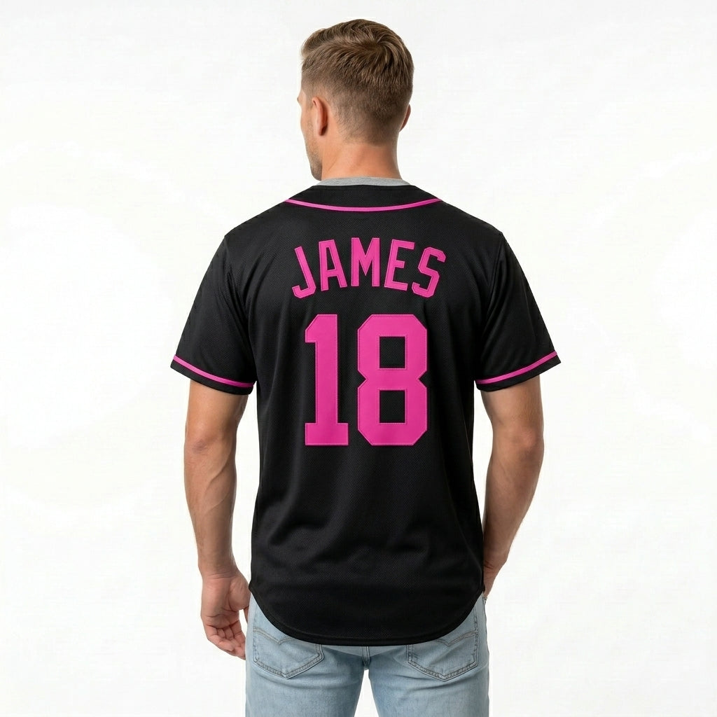 Custom Baseball Jersey - Personalized Black Shirt with Pink Piping - Full Sublimation