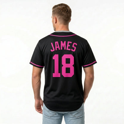 Custom Baseball Jersey - Personalized Black Shirt with Pink Piping - Full Sublimation