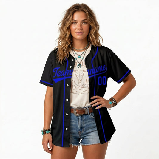 Custom Baseball Jersey - Personalized Black Shirt with Blue Piping - Full Sublimation