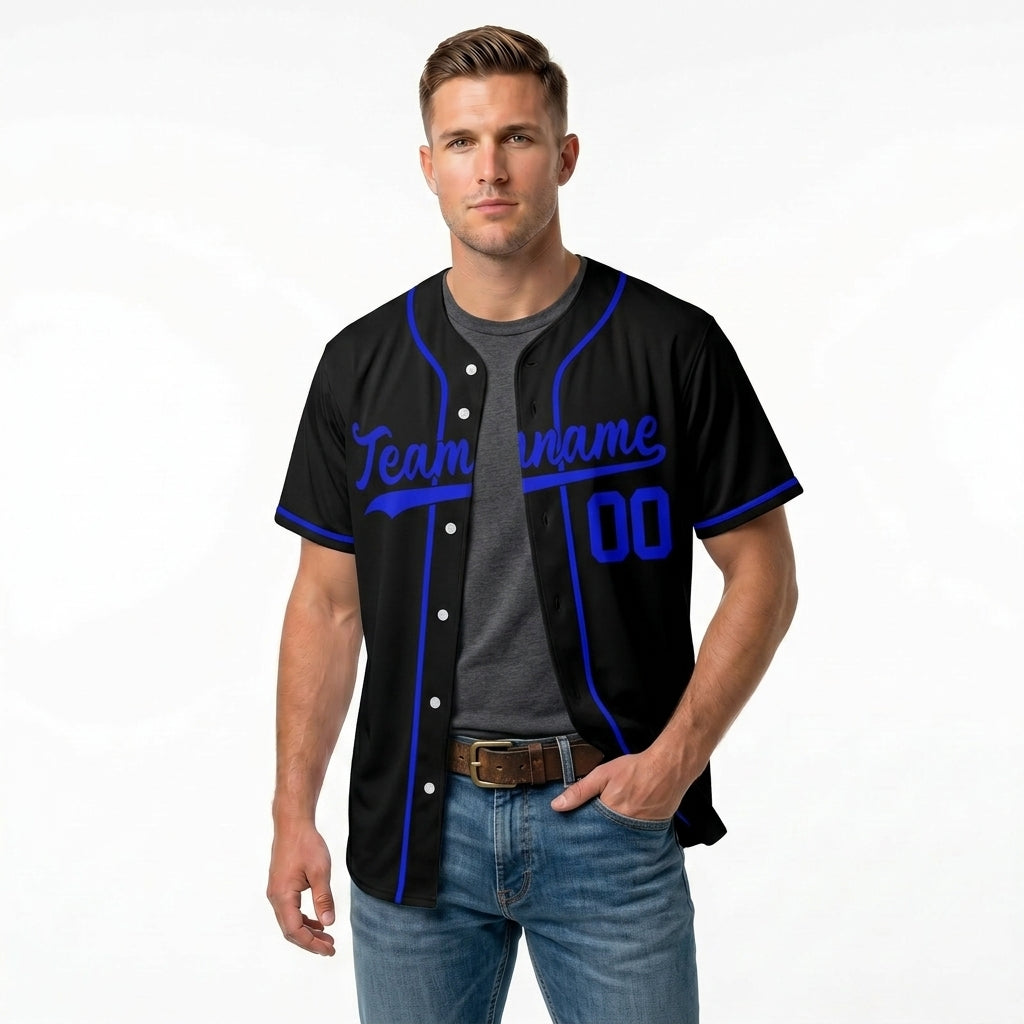 Custom Baseball Jersey - Personalized Black Shirt with Blue Piping - Full Sublimation
