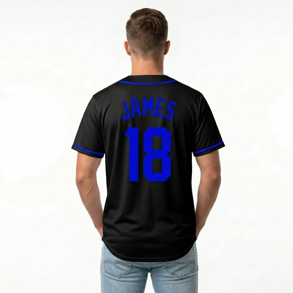Custom Baseball Jersey - Personalized Black Shirt with Blue Piping - Full Sublimation