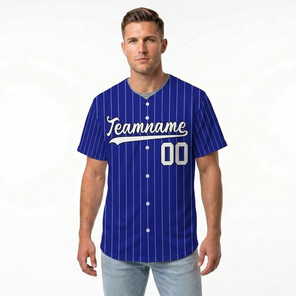 Custom Baseball Jersey - Royal Blue Shirt with White Pinstripes - Full Sublimation