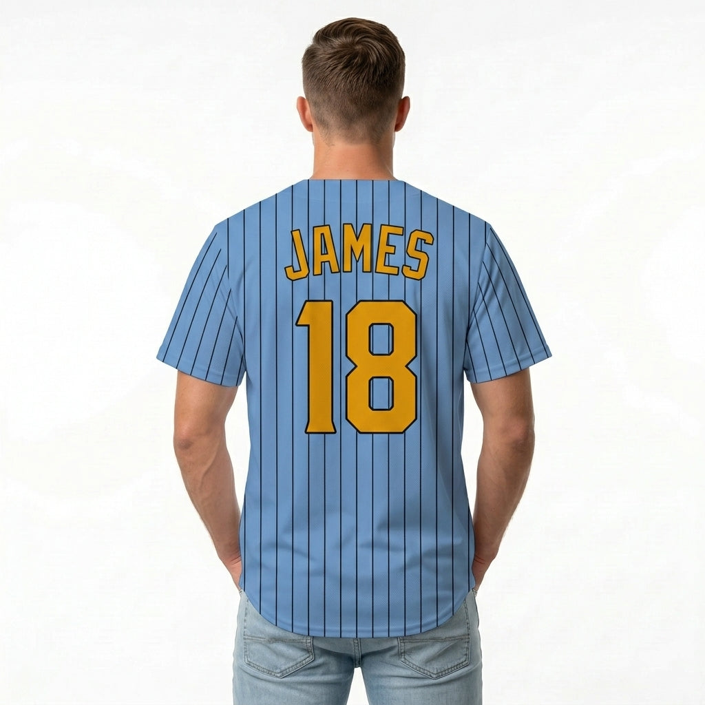 Custom Baseball Jersey - Light Blue Shirt with Pinstripes & Custom Orange Graphics