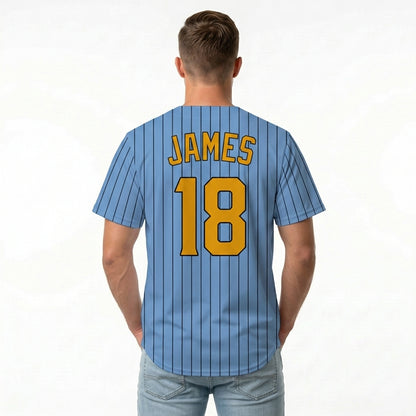 Custom Baseball Jersey - Light Blue Shirt with Pinstripes & Custom Orange Graphics
