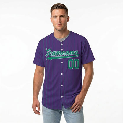 Custom Baseball Jersey - Personalized Purple Shirt with Pinstripes & Green Graphics