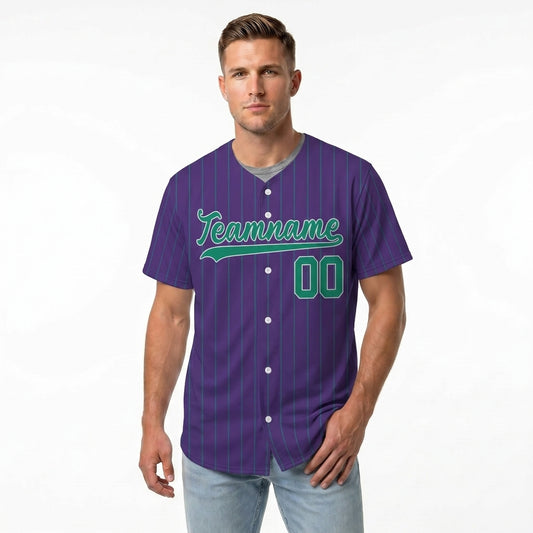 Custom Baseball Jersey - Personalized Purple Shirt with Pinstripes & Green Graphics