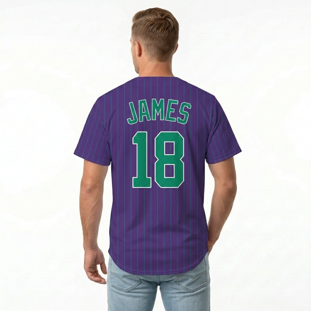 Custom Baseball Jersey - Personalized Purple Shirt with Pinstripes & Green Graphics