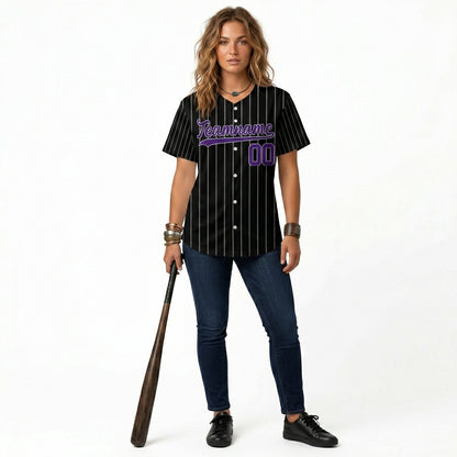 Custom Baseball Jersey - Personalized Black Shirt with Purple Pinstripes - Full Sublimation